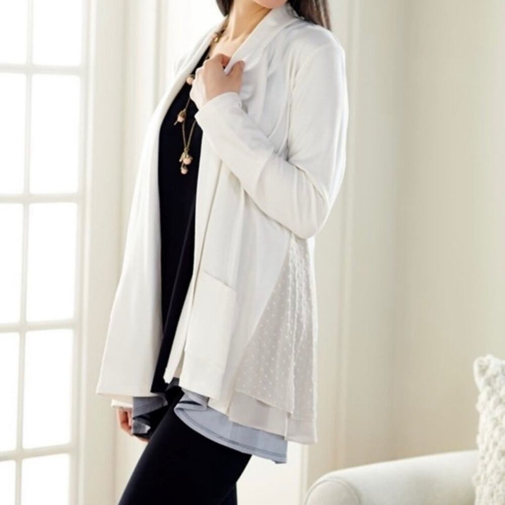 LOGO Lounge Open Cardigan Cream Swiss Dot Chiffon Trim Pockets Size 1X